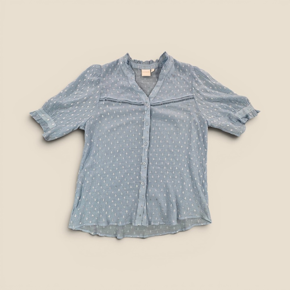 Zac & Rachel Blue Metallic Foil Print Blouse Ruffle V-Neck Short Sleeve 1X